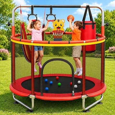 Toy Imagine 55-Inch Kids Trampoline with Swing and Basketball Hoop