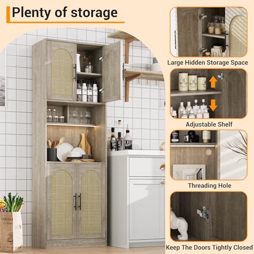 Image of IDEALHOUSE 71 inch Tall Pantry Cabinet with Countertop & LED Light Strip - Kitchen Storage Cabinet with Microwave Shelf & Adjustable Shelves, Farmhouse Kitchen Hutch for Dining Room, Oak