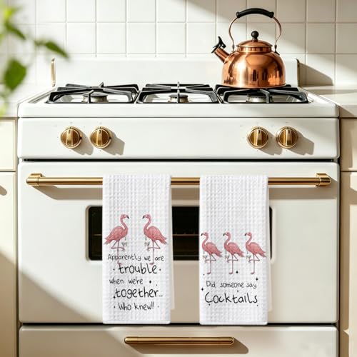 Image of Hanamiya Na 2 Pcs Funny Flamingo Kitchen Towels 14x24 Inch, Hot Pink Bird Dish Towels Waffle Weave Hand Cloth Tea Towel for Home Kitchen Bar Decor, Flamingo Gifts for Women Mom