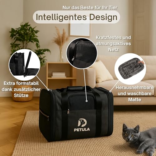 Petula Katzentasche & Hundetasche – Faltbare Katzentransporttasche für Katzen & kleine Hunde bis 13 kg – Formstabil, mit Innenmatte, Belüftung, Katzentransportbox, Transportbox (Schwarz)