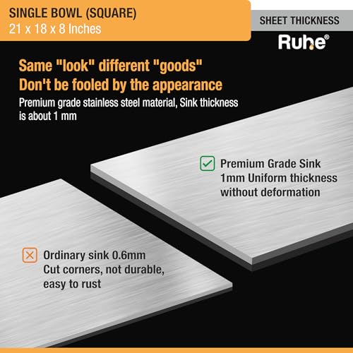 Image of Ruhe Stainless Steel Square Bowl Kitchen Sink 21x18x8 Inches (Glossy Finish), Bright Silver