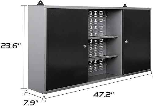 Miniatura 3 de JZD Armario de almacenamiento de pared de metal con 2 puertas con cerradura, para oficina en casa, garaje, sótano, negro y gris, 47.2 x 7.9 x 23.6