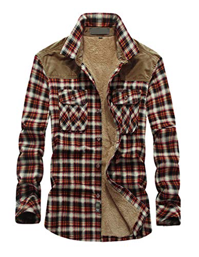 Lavnis Men's Plaid Shirt Jacket Long Sleeve Button Down Shirt Casual Corduroy Thicken Shirt Jacket (L, Red Grid)