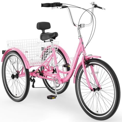 Image of Adult Tricycle, 7 Speed Adult Trike, 20 /24 /26 inch 3 Wheel Bike with Basket | Low Step-Through Frame, Wide Seat with Backrest, 350 lbs Capacity, Tricycle for Adults, Seniors, Women and Men