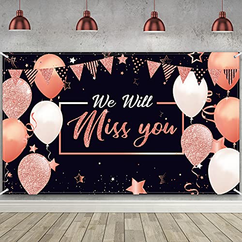 We Will Miss You Party Decorations, Extra Large Going Away Party Backdrop Miss You Photography Background Banner for Farewell Anniversary Retirement Graduation Party, 72.8 x 43.3 Inch (Rose Gold)