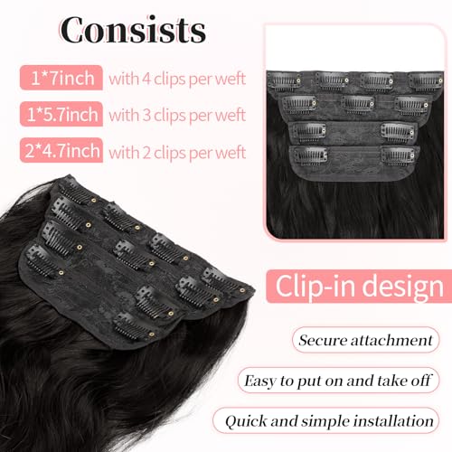 Image of KooKaStyle Wavy Thick Clip in Hair Extensions 24 inch Natural Black | 4 Pieces Clip in Extensions,Fiber Double Weft Hairpieces,Natural Volume,Beach Wave Long Synthetic Hairpieces for Women