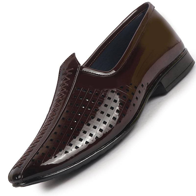 Men's Patent Leather Breathable Traditional Wedding Slip On Ethnic Juttis and Mojaris|Party Slip On Evening Shoes|Striped Mojaris-image-25