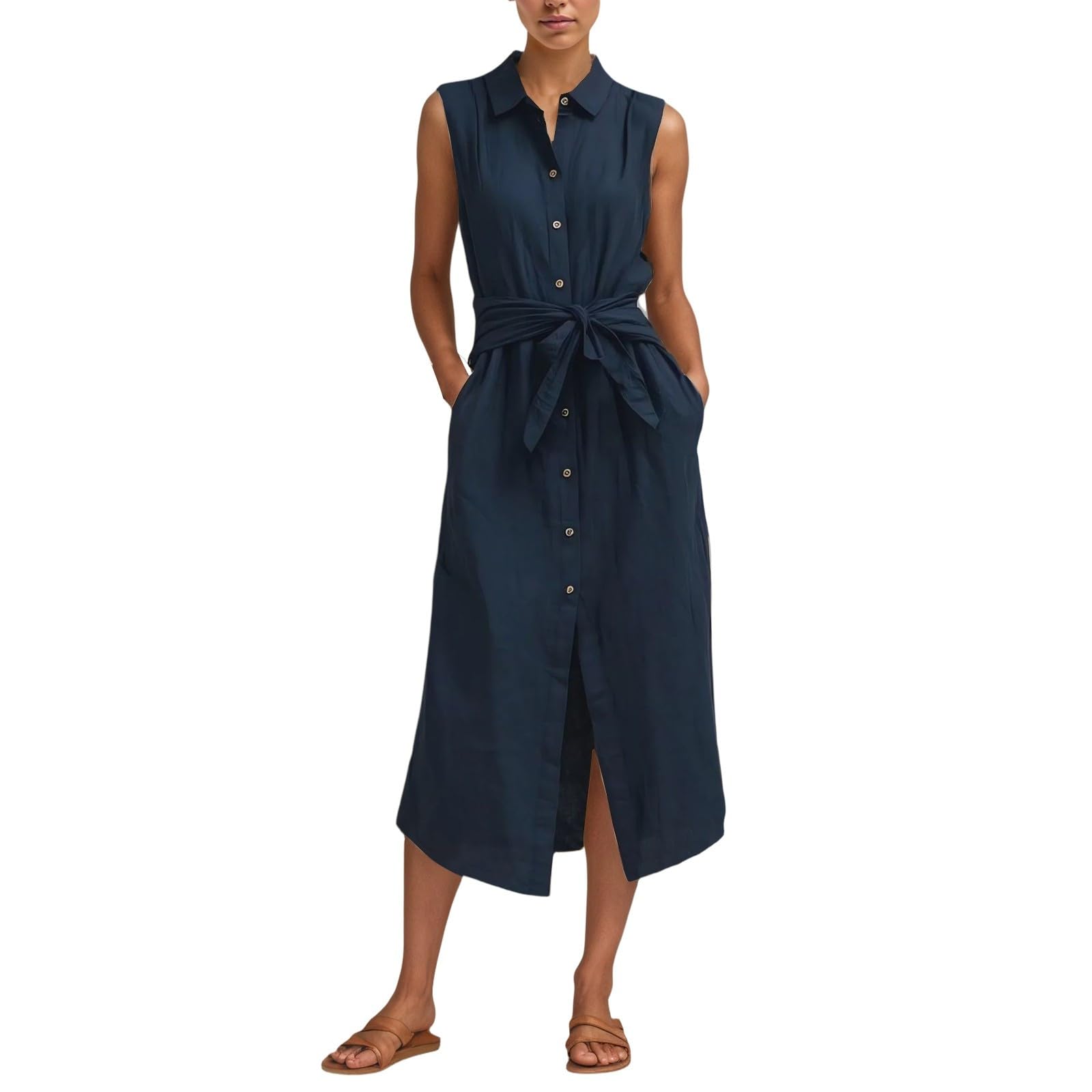 Cexiakong Summer Dress Women's Muslin Dress Linen Dresses Button Down Linen Dress Knee-Length Casual Beach Dress Sleeveless Summer Dresses Summer Shirt Dresses Casual Dress with Pockets, O Navy, S