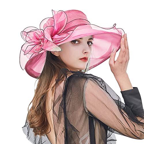 Tea Party Hats for Women Kentucky Church Wedding Derby Hat Organza Bridal Wedding Easter Bonnets Summer Sun Cap Easter Sun Hat Spring Summer Hot Pink One Size