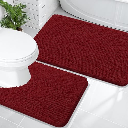 Image of OLANLY Bathroom Rugs Sets 2 Piece, Soft Absorbent Chenille Bath Mats and U-Shaped Contour Toilet Mat Area Rug Set, Machine Washable Bath Carpet, Home Decor Accessories(36 inchx24 inch+24 inchx20 inch, Red)