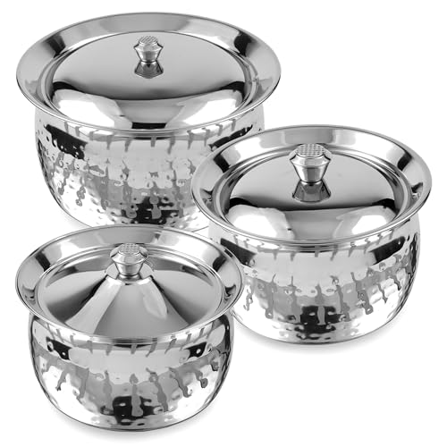 Stainless Steel Biryani Handi Set | Premium Steel Hammered Finish Tope, Patila Handi | Hammered Design, Tableware & Serveware for Home, Kitchen & Restaurants (1.5 Quart, 2.1 Quart & 3.7 Quart)