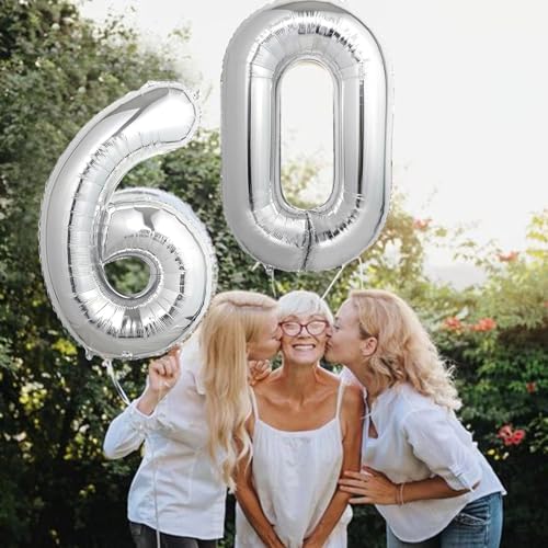 Image of Number Balloons Silver Party Balloon - Giant Number 60 Balloon, 40 Inch Large Balloon for 60th Birthday Decorations, Silver Party Supplies for Anniversary