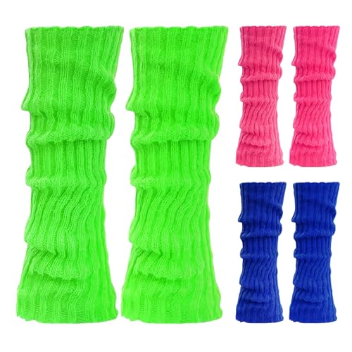 QINQINZIJIN 3 Paar Neon Beinstulpen, 80er 90er Neon Beinwärmer, Gestrickte Legwarmers Strümpfe, Faschingskostüm Accessoires für Tanzen, Motto Party, Fasching, Karneval