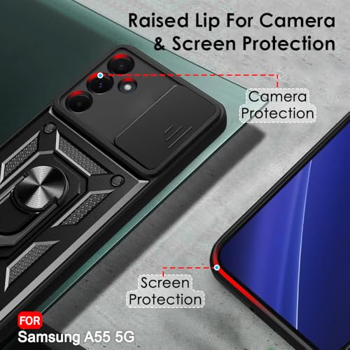 Image of TheGiftKart Tough Armor Bumper Back Cover Case for Samsung Galaxy A55 5G | Ring Holder & Kickstand in-Built | 360 Degree Protection Case Cover for Samsung A55 (PC & TPU, Sliding Camera Cover, Black)