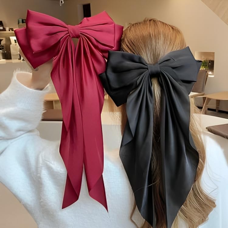 Image of FilterFashion Big Satin Layered Hair Bows for Women Girls 11.5 Inch Barrette Hair Clip Long Back Ribbon Bows French Style Hair Accessories (Maroon,Black)