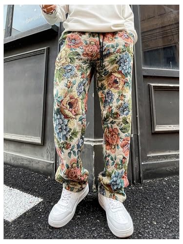 Men's Vintage Floral Straight Leg Baggy Pants Drawstring Waist Trousers with Pockets Streetwear3