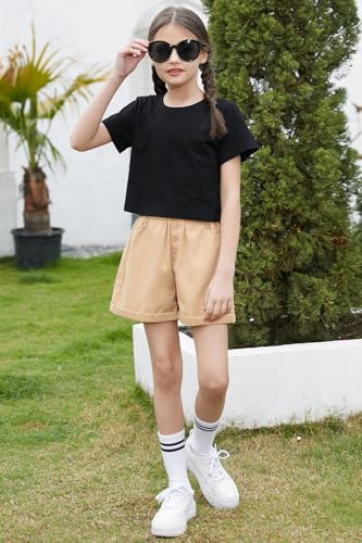 Image of Betusline Girl's 2 Piece Outfits Short Sleeve Fashion Top and Elastic Waist Casual Button Shorts Set