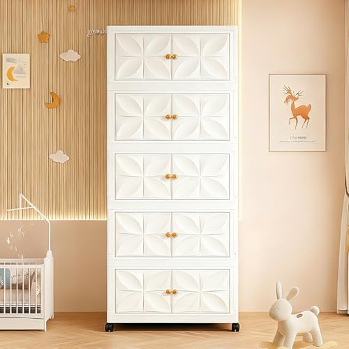 Foldable Plastic Wardrobe Organizer for Storage, Plastic Wardrobe Drawer Cabinet, Stackable Storage Cabinet with Wheels, Baby Cupboard for Clothes Storage, Cream Cloth Organizer, Cream White, 5 Tiers