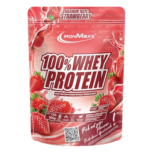 IronMaxx 100% Whey Protein Pulver 500g - Erdbeere | Cremiger Eiweißshake mit BCAAs & EAAs | High Protein, Low Carb & zuckerarm | Ideal für Muskelaufbau & Fitness