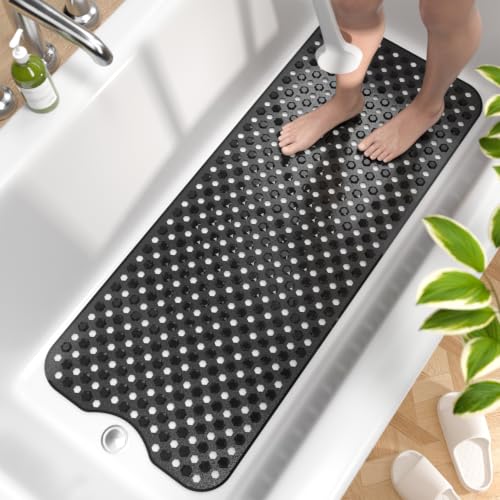 HITSLAM Tapis de Baignoire Antidérapant, 101 x 40cm Long Tapis de Douche sans BPA, Résistant aux Moisissures & Lavable en Machine Tapis de Bain, Séchage Rapide et Facile à Nettoyer, Noir