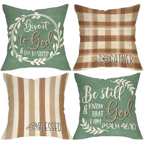 Fjfz Christian Give It to God and Go to Sleep Decorative Throw Pillow Covers 18x18 Set of 4, Be Still and Know That I am God Outdoor Home Decor, Bible Verse Plaid Stripes Farmhouse Couch Cushion Case Cover