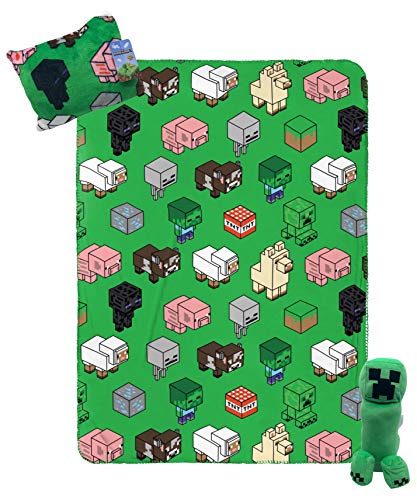 Jay Franco Minecraft Travel Set - 3 Piece Kids Travel Set Includes Blanket, Pillow, & Plush - Featuring Creeper (Offical Minecraft Product)