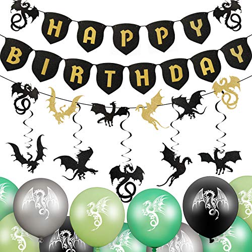 33 Pieces Dragon Cake Decoration Dragon Birthday Banner Dragon Theme Party Swirls Set Including 20 Dragon Balloons 3 Dragon Garlands 10 Dragon Hanging Swirls for Dragon Themed Fantasy Party Supplies