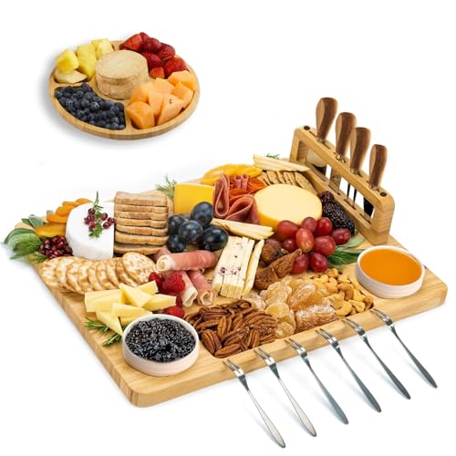 LUMAI Kit Tábua Para Queijos e Frios com Petisqueira, Facas, Garfos, Potes e Bandeja de Bambu – Ideal Para Servir Aperitivos, Snacks e Montar Mesa de Frios Completa