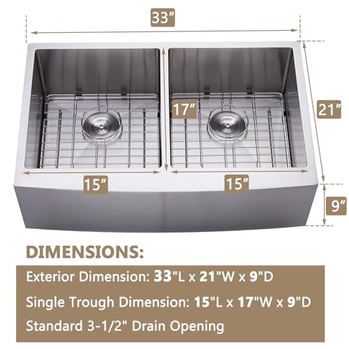Image of SHACO 33 Inch Double Bowl Divided 50 /50 Farmhouse Sink, 33x21 Stainless Steel Undermount Apron Front Farm Kitchen Sink