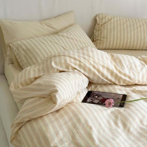 Image of Nayoroom Striped Duvet Cover Queen Cream Yellow Stripe Bedding Set
