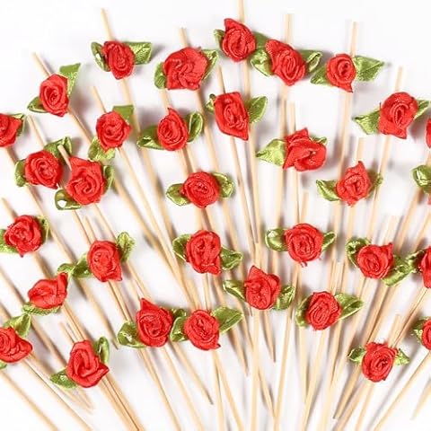 100 Counts Red Rose Flower Cocktail Picks Fancy Toothpicks for Appetizers 4.7 Inch Bamboo Cocktail Sticks Bridal Shower Wedding Valentines Party Food Fruit Drinks Decorative Skewer Sticks Cover