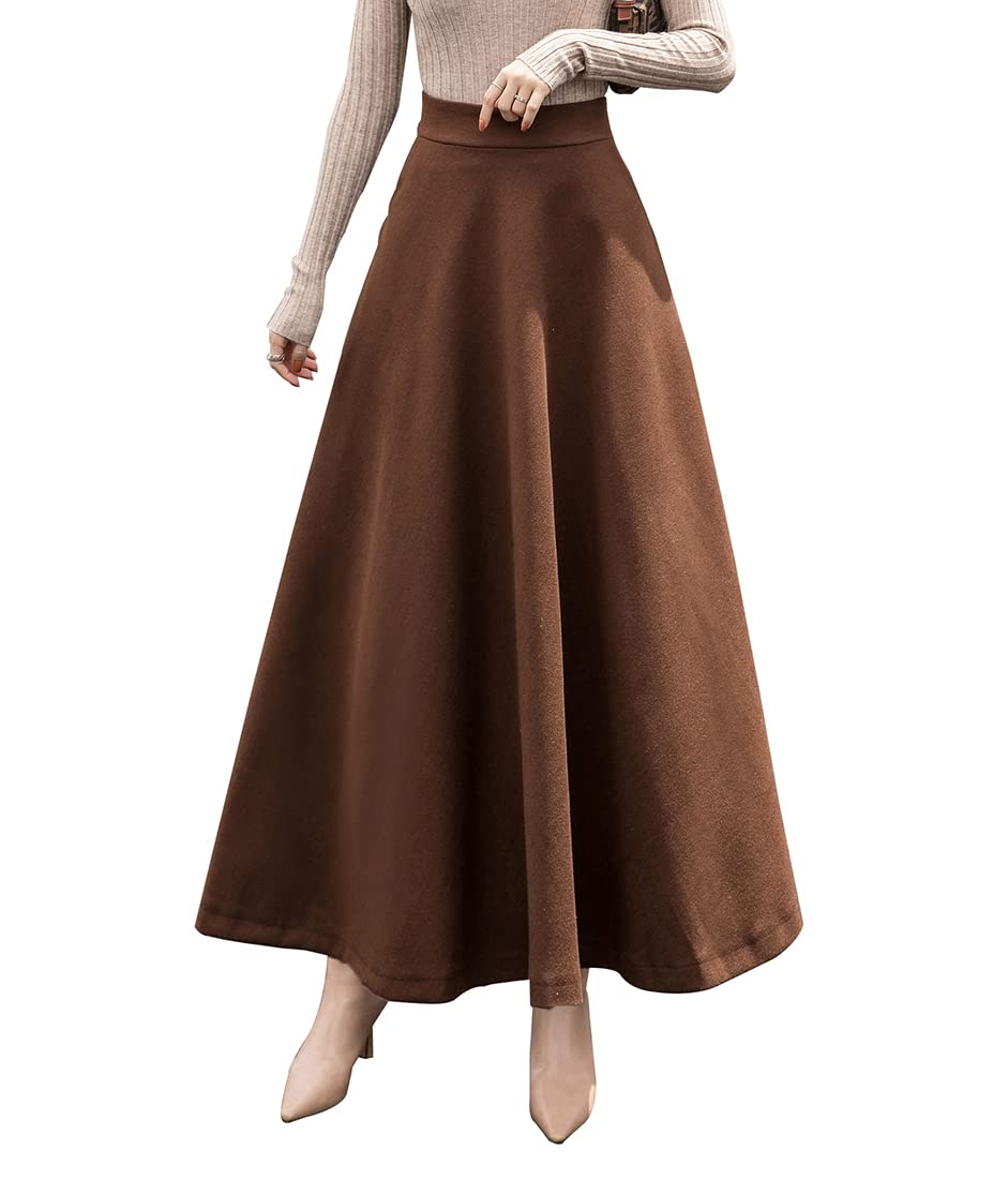 Lange damesrok, winter, warme wollen rok, vintage, elegante rok, casual winterrok, elastische taille, A-lijn, midirok, hoge taille, plooirok, S-3XL, rood (rode wijn), L
