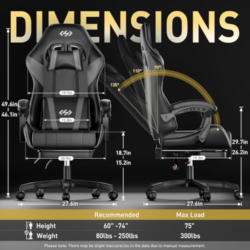 Image of HLDIRECT Gaming Chair, Ergonomic Computer Office Chair with Lumbar Support Footrest Headrest, Adjustable Height & Backrest Angle Video Gamer Chair, PU Leather, 360 Swivel, Adult (Black&Grey)