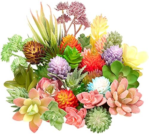 Jutom 32 Pieces Mini Artificial Succulents Realistic Artificial Succulent Plants Colorful Faux Succulents Mini Small Cactus Plants for Garden Flower Home Bedroom Kitchen Living Room Decorations