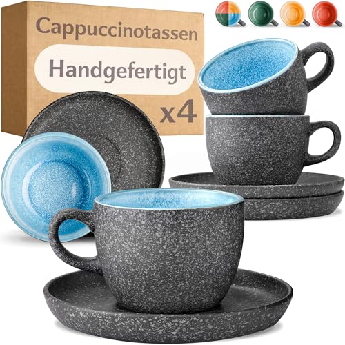 Cosumy Cappuccino Tassen mit Untertassen 4er Set - 200ml Kaffeetassen aus Keramik - 𝗗𝗶𝗰𝗸𝘄𝗮𝗻𝗱𝗶𝗴𝗲𝘀 Steingut mit Handgefertigter Reaktiver Glasur in Blau - Hält Lange Warm
