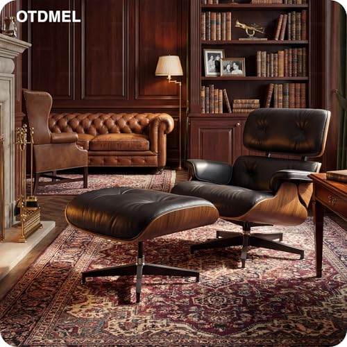 Image of Top Black Grain Leather, Mid Century Chaise Lounge Chair and Ottoman, Modern Chair Classic Design, Walnut Wood, Heavy Duty Base Support for Living Room Office