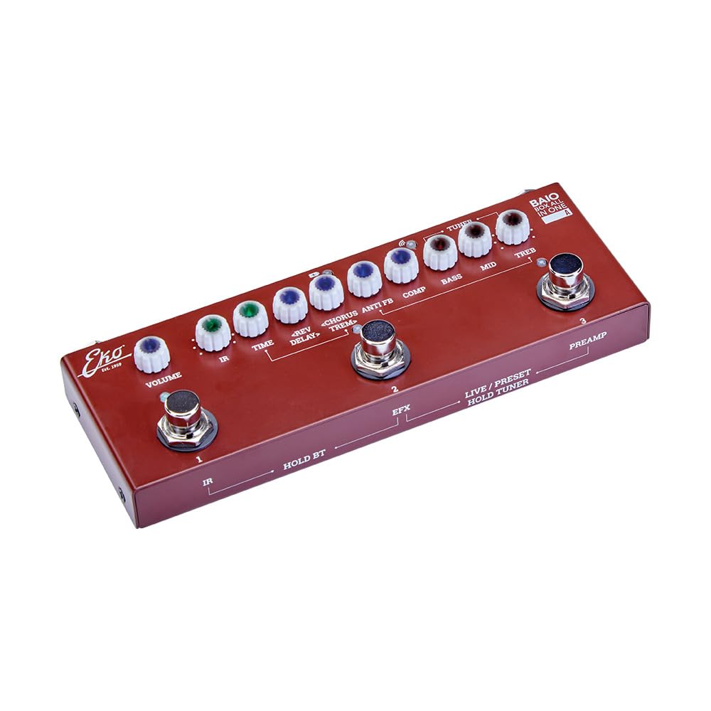 EKO GUITARS - BAIO A PEDALE MULTIEFFETTO CON IR INTEGRATI PER CHITARRA ACUSTICA, CLASSICA E BASSO ACUSTICO, 8 IR, Controlli Tono, Compressore, 2 Eff. Modulazione, 2 Eff. Ritardo, Live/Preset