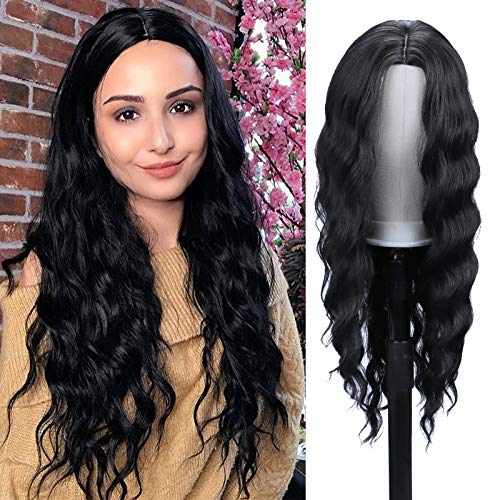 M-BOX Long Curly Wavy Wigs 30 Inch Black Color Synthetic Wigs For Women Body Wave Wig Middle Part Natural Looking Heat Resistant Full Wig for Cosplay Party Daily Use (#1B)