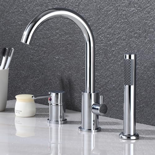 Mitigeur de bain 3 trous doré avec robinet rotatif 360 et ensemble de douche chrome