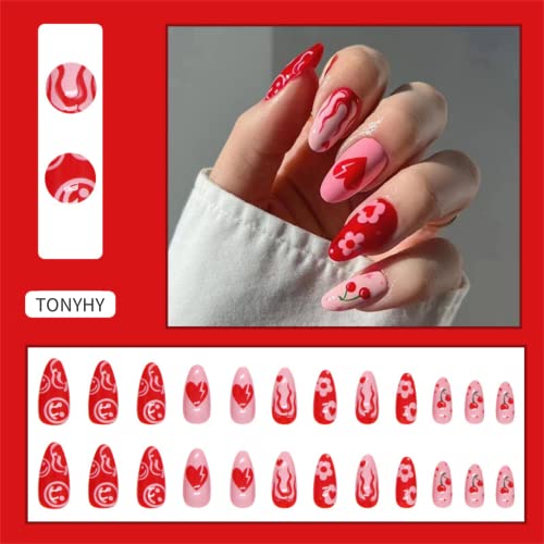 Almond Press On Nails Short Pink Fake Nail With Heart Design Glossy Flower Flame Stick On Nails Artificial Acrylic Full Cover False Nails Glue On Nails For Women #TOP2
