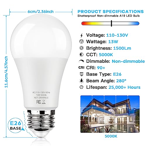 Image of LED Light Bulbs 100 Watt Equivalent 1500 lumens, A19 5000K Daylight White Non-Dimmable, Super Bright No Flicker E26 Standard Base, 13W Lightbulb for Bedroom, Living Room, Office Lighting, 24 Packs