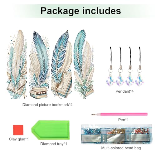 Image of 4-Pack 5D Diamond Painting Bookmarks Kit, Peacock Feather DIY Diamond Art Bookmarks with Rhinestones and Tassels, Creative Bookmark Making Set for Adults, Gift for Book Lovers