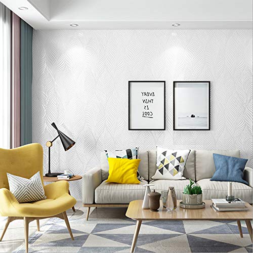 Diatom Mud Modern Minimalist Feather-Type Non-Woven Pure White Livingroom Bedroom Study Cafe Clothing Store Background Non-Pasted Wallpaper 1.73' W X 32.8'L #TOP3