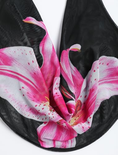 Image of ZAFUL Women's 3 Piece Floral Swimsuit Draped Neck Halter Bikini Tie Side Bathing Suit with Sheer Cover Up Skirt