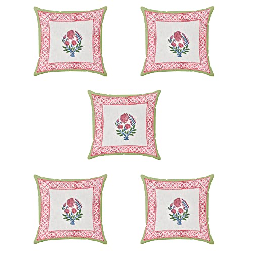 Image of BLOCKS OF INDIA Hand Block Printed Cotton Linen Cushion Cover (16 X 16 Inches) (Green Motifs), 250 TC