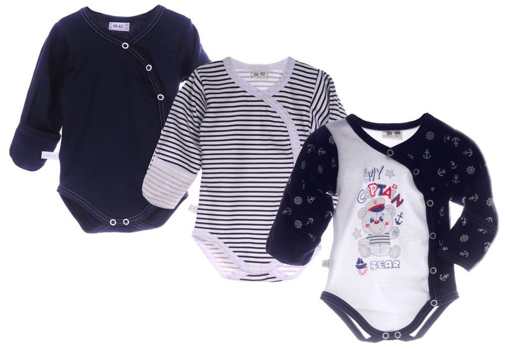 Wickelbody 3er Pack Langarm Baby Body Baumwolle Blau Weiß mit Anker Größe 86-92 Kratzschutz