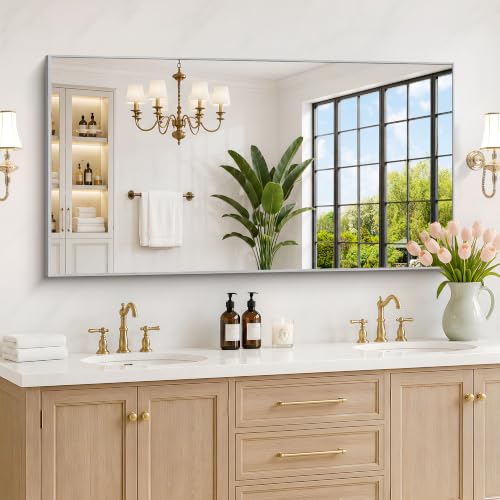 Image of DESBING 30 inch x 55 inch Bathroom Mirror, Silver Metal Frame Wall Mirror