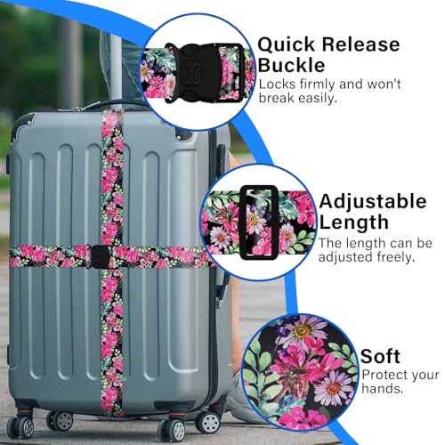 Image of 2 Pack Luggage Straps for Suitcases, Adjustable Travel Belt with Double Lock and Quick Release Buckle, Heavy Duty Nylon Bag Packing Strap, Bright Identifiers Business Travel Accessories-Pink Flowers