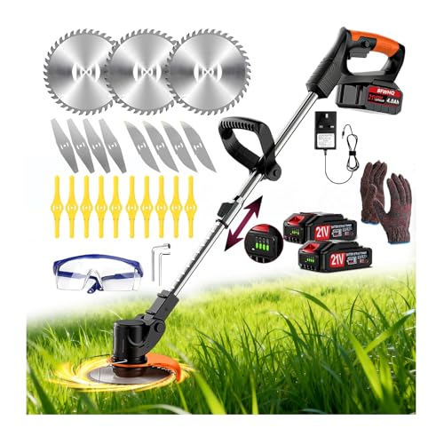Strimmer Cordless Telescopic Brush Cutter with 2 × 21V Lithium Battery Fast Charger and Four Kinds Spare Blades Metal Blade Cordless Strimmer for Garden Clearing Weeds(Black)