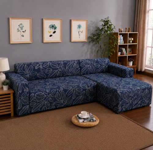 Image of Gifts Island Premium 160GSM Super Soft Blue Ash Stretchable Sofa Cover L Shape 5 Seater Fully Covered | Suitable for Both Left and Right Side Chaise Sofa (Blue Ash, 3+2 Seater)